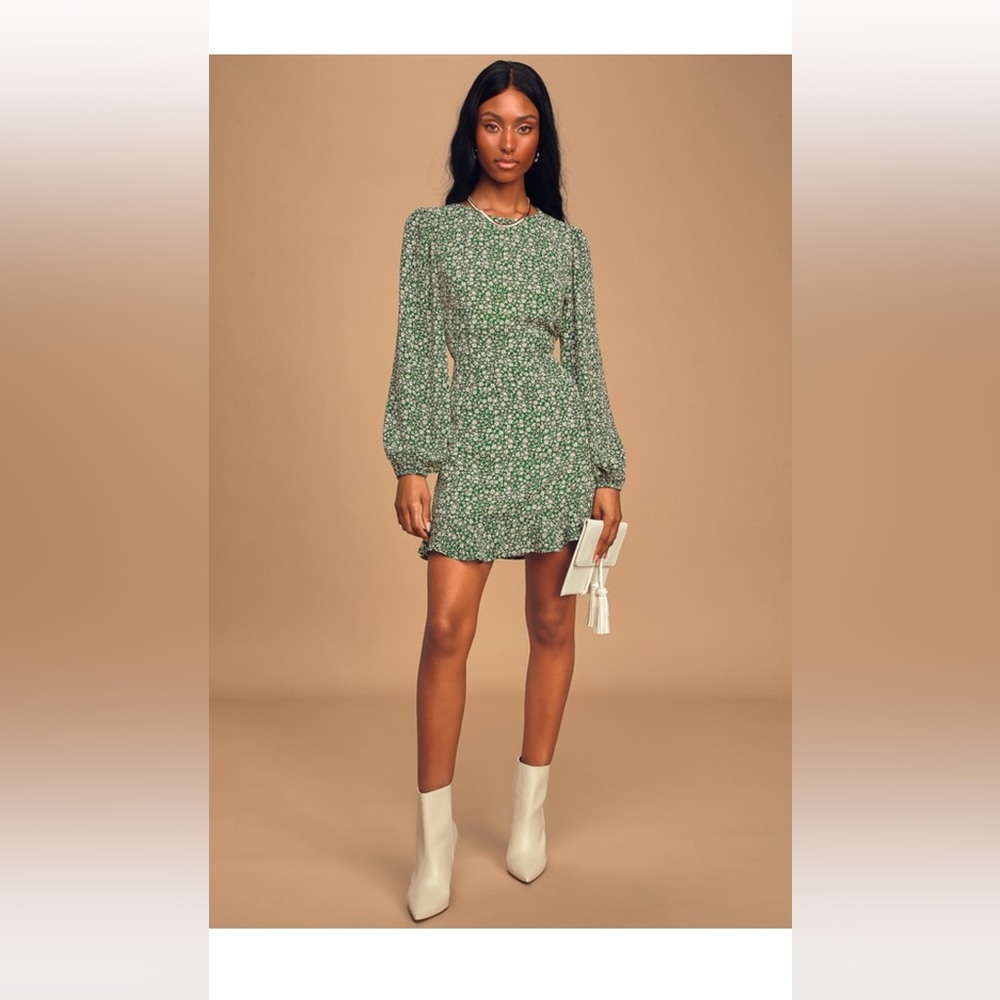 Blooming Darlin’ Green Floral Print Ruffled Mini Dress Size Large